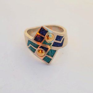 Turquoise, Lapis, 14K & Sterling Ring Signed CCO